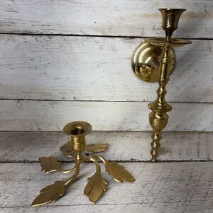 Brass Candle Holders Set - Leaf & Wall Sconce